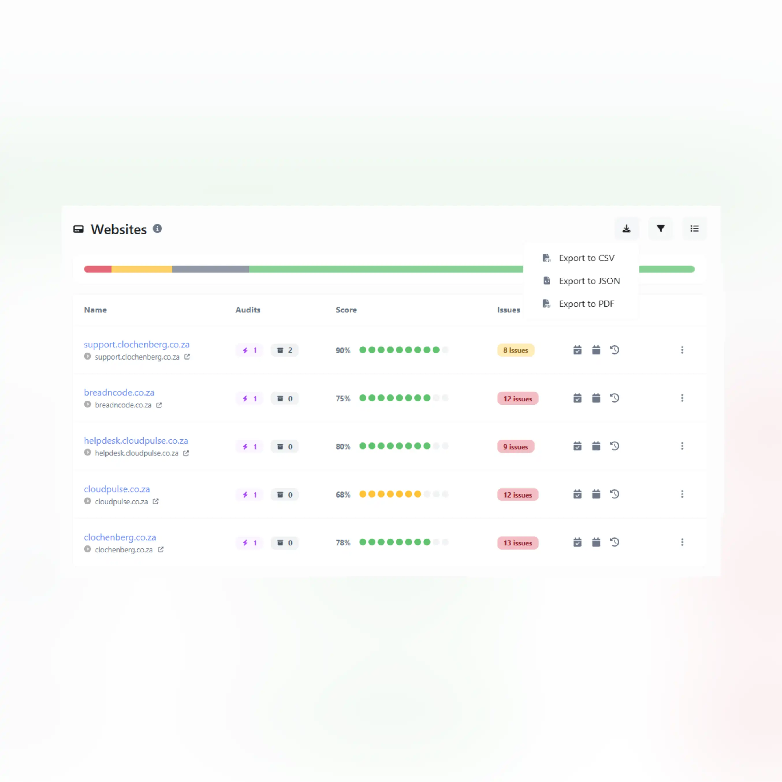 Screenshot of the app CSV, PDF, CSV exporting features